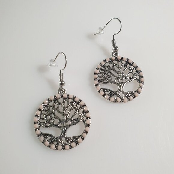 Tree Of Life Dangle Earrings With Pink Beaded Trim & Stainless Steel Hooks - Picture 2 of 6